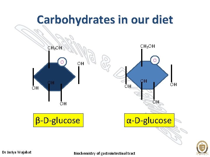 Carbohydrates in our diet CH₂OH OH OH OH β-D-glucose Dr Jariya Wajahat OH α-D-glucose