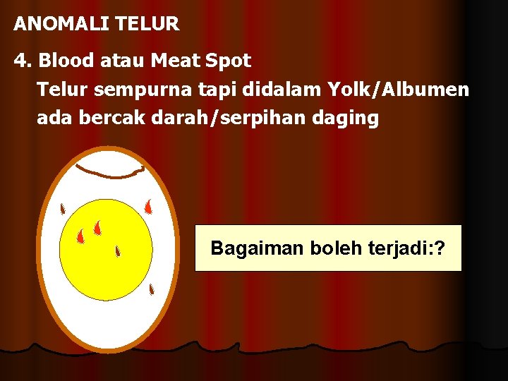 ANOMALI TELUR 4. Blood atau Meat Spot Telur sempurna tapi didalam Yolk/Albumen ada bercak