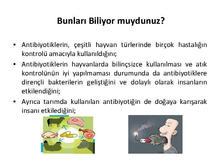 Bunları Biliyor muydunuz? • Antibiyotiklerin, çeşitli hayvan türlerinde birçok hastalığın kontrolü amacıyla kullanıldığını; •