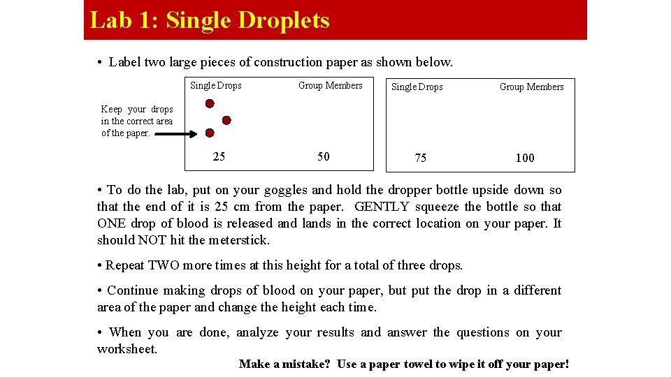 Lab 1: Single Droplets • Label two large pieces of construction paper as shown