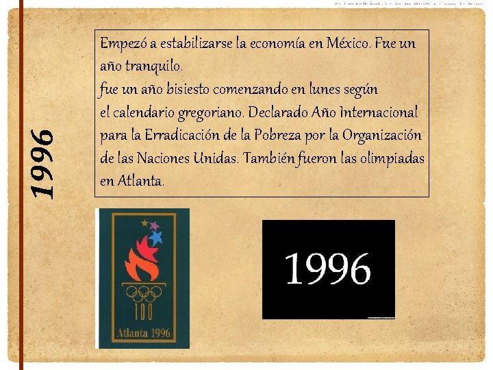 1996 Empezó a estabilizarse la economía en México. Fue un año tranquilo. fue un