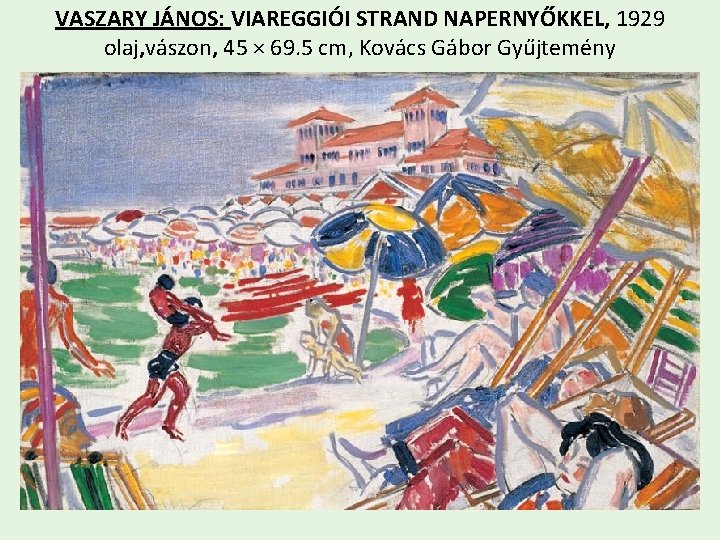 VASZARY JÁNOS: VIAREGGIÓI STRAND NAPERNYŐKKEL, 1929 olaj, vászon, 45 × 69. 5 cm, Kovács