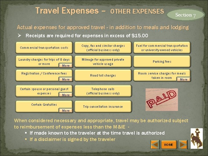 Travel Expenses – OTHER EXPENSES Section 7 Actual expenses for approved travel - in