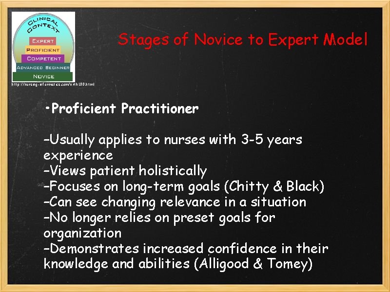 Stages of Novice to Expert Model http: //nursing-informatics. com/nrth 100. html • Proficient Practitioner