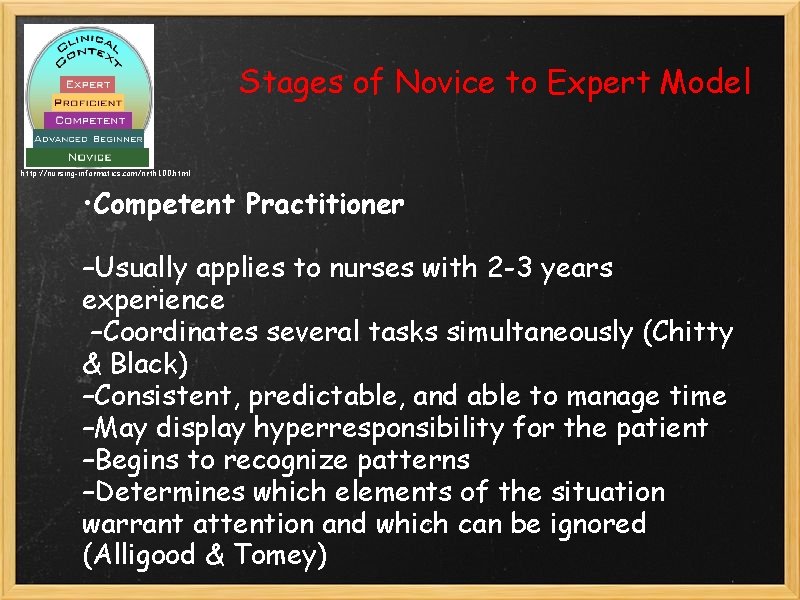 Stages of Novice to Expert Model http: //nursing-informatics. com/nrth 100. html • Competent Practitioner