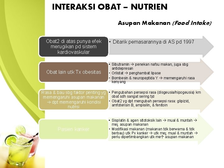 INTERAKSI OBAT – NUTRIEN Asupan Makanan (Food Intake) Obat 2 di atas punya efek