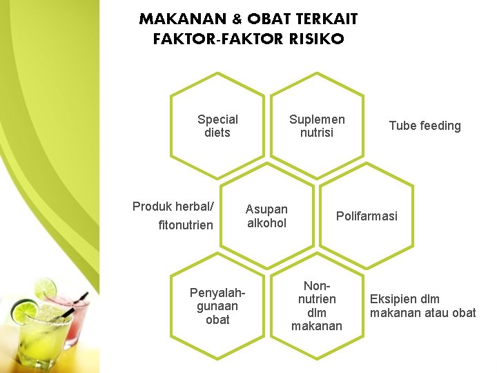 MAKANAN & OBAT TERKAIT FAKTOR-FAKTOR RISIKO Suplemen nutrisi Special diets Produk herbal/ fitonutrien Penyalahgunaan