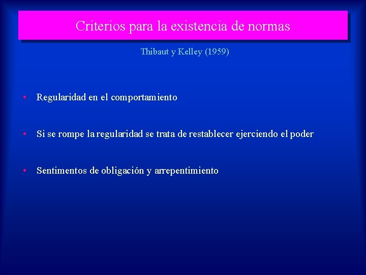 Criterios para la existencia de normas Thibaut y Kelley (1959) • Regularidad en el