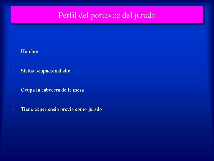Perfil del portavoz del jurado • Hombre • Status ocupacional alto • Ocupa la