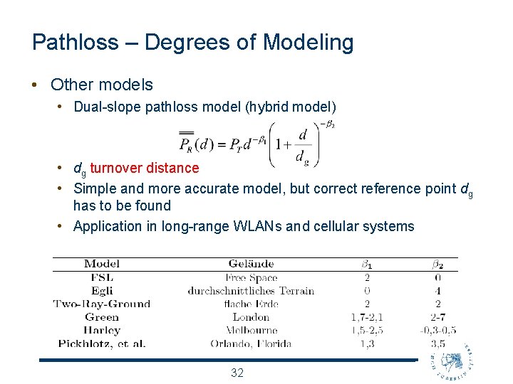 Pathloss – Degrees of Modeling • Other models • Dual-slope pathloss model (hybrid model)