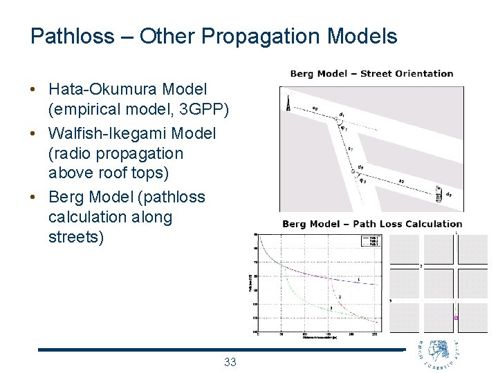 Pathloss – Other Propagation Models • Hata-Okumura Model (empirical model, 3 GPP) • Walfish-Ikegami