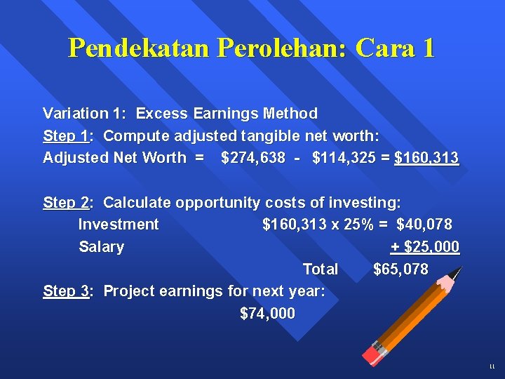 Pendekatan Perolehan: Cara 1 Variation 1: Excess Earnings Method Step 1: Compute adjusted tangible