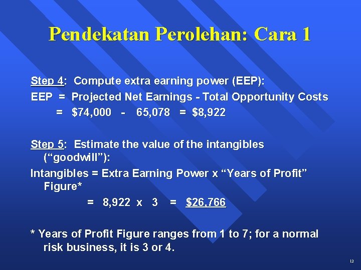 Pendekatan Perolehan: Cara 1 Step 4: Compute extra earning power (EEP): EEP = Projected