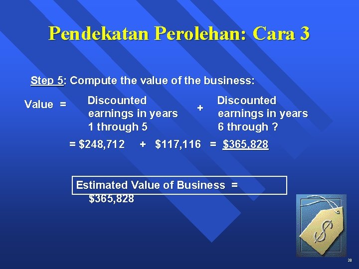 Pendekatan Perolehan: Cara 3 Step 5: Compute the value of the business: Value =