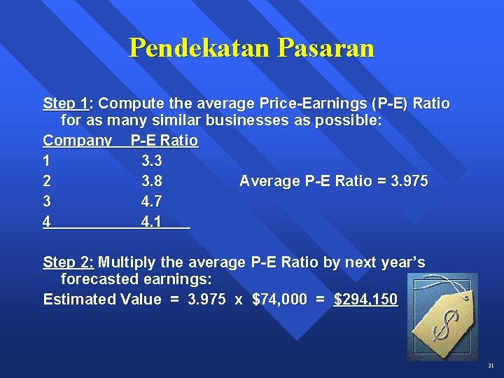 Pendekatan Pasaran Step 1: Compute the average Price-Earnings (P-E) Ratio for as many similar