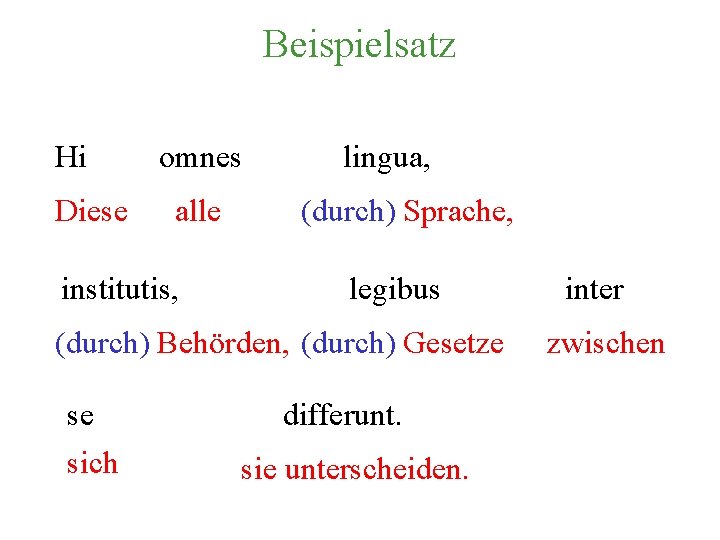 Beispielsatz Hi Diese omnes alle institutis, lingua, (durch) Sprache, legibus (durch) Behörden, (durch) Gesetze
