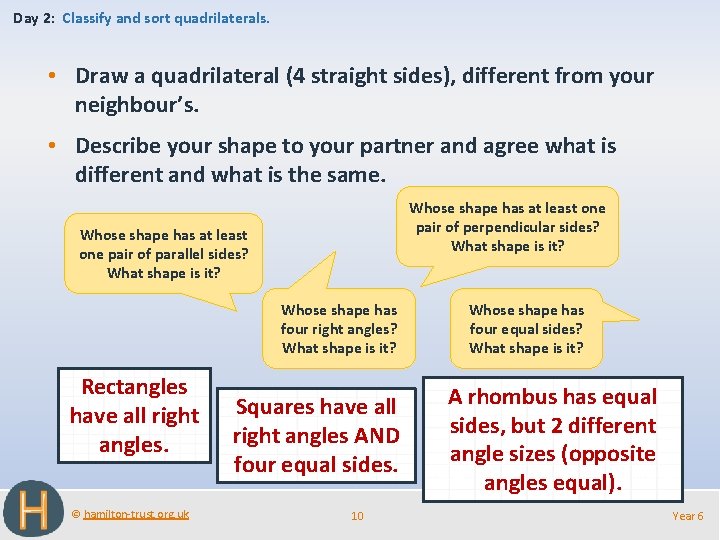 Day 2: Classify and sort quadrilaterals. • Draw a quadrilateral (4 straight sides), different