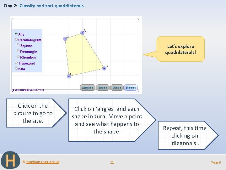 Day 2: Classify and sort quadrilaterals. Let’s explore quadrilaterals! Click on the picture to