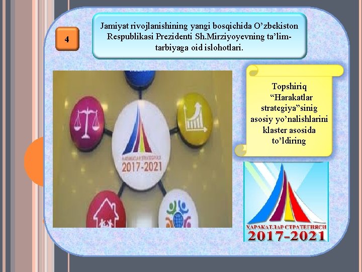 4 Jamiyat rivojlanishining yangi bosqichida O’zbekiston Respublikasi Prezidenti Sh. Mirziyoyevning ta’limtarbiyaga oid islohotlari. Topshiriq