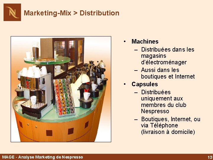 Marketing-Mix > Distribution • Machines – Distribuées dans les magasins d’électroménager – Aussi dans