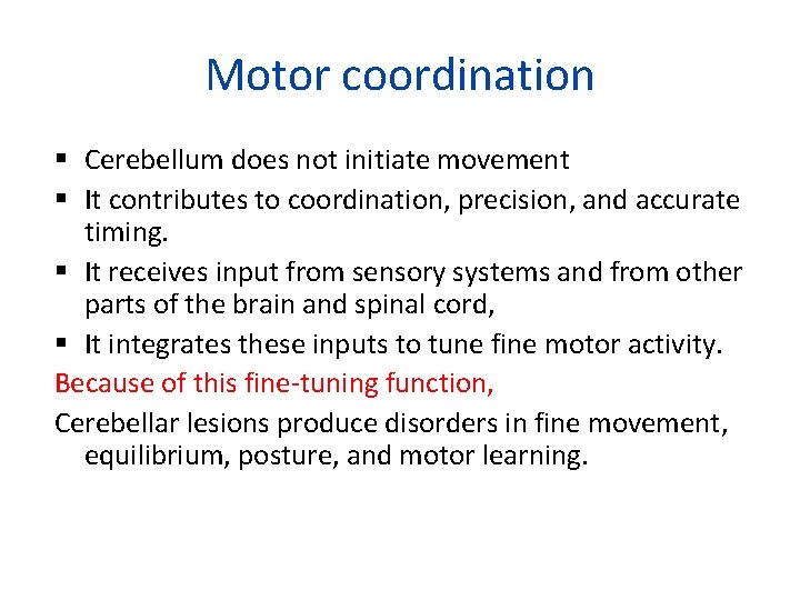 Motor coordination Cerebellum does not initiate movement It contributes to coordination, precision, and accurate