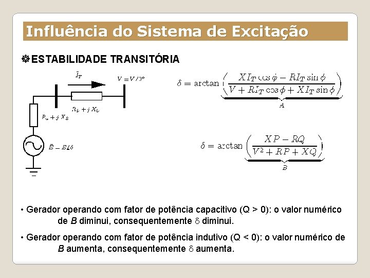 Influência do Sistema de Excitação ESTABILIDADE TRANSITÓRIA • Gerador operando com fator de potência