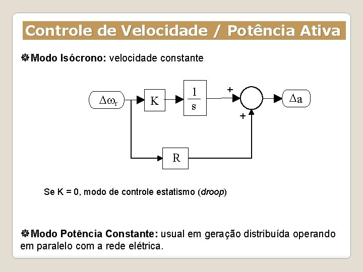 Controle de Velocidade / Potência Ativa Modo Isócrono: velocidade constante Dwr 1 s K