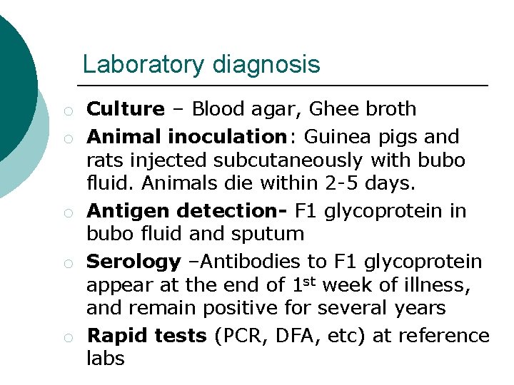 Laboratory diagnosis o Culture – Blood agar, Ghee broth o Animal inoculation: Guinea pigs