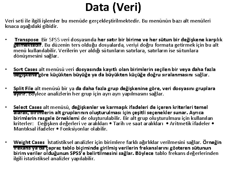 Data (Veri) Veri seti ile ilgili işlemler bu menüde gerçekleştirilmektedir. Bu menünün bazı alt