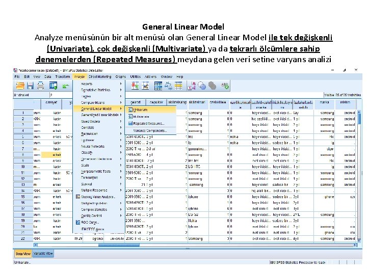 General Linear Model Analyze menüsünün bir alt menüsü olan General Linear Model ile tek