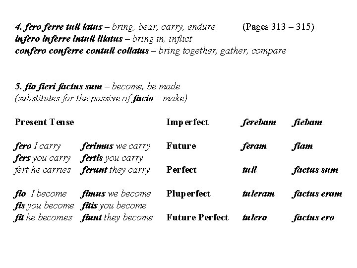 4. fero ferre tuli latus – bring, bear, carry, endure (Pages 313 – 315)