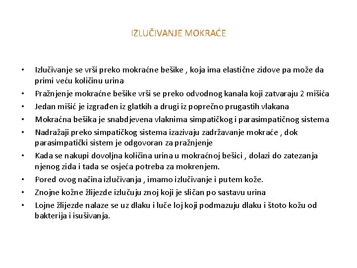 IZLUČIVANJE MOKRAĆE • • • Izlučivanje se vrši preko mokraćne bešike , koja ima