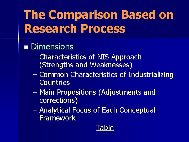 The Comparison Based on Research Process n Dimensions – Characteristics of NIS Approach (Strengths The Comparison Based on Research Process n Dimensions – Characteristics of NIS Approach (Strengths