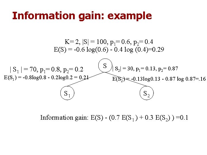Information gain: example K= 2, |S| = 100, p 1= 0. 6, p 2= Information gain: example K= 2, |S| = 100, p 1= 0. 6, p 2=