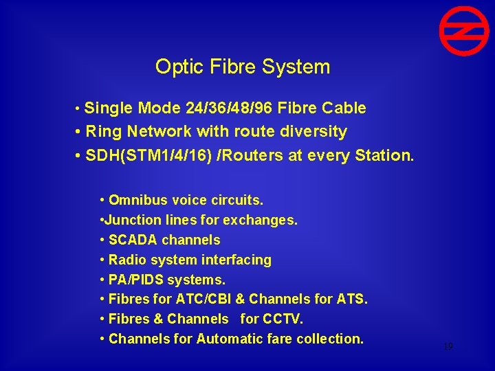 Optic Fibre System • Single Mode 24/36/48/96 Fibre Cable • Ring Network with route