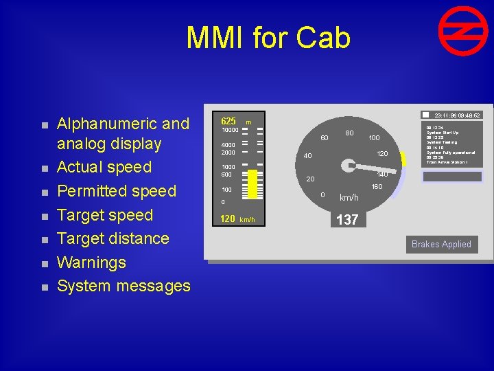 MMI for Cab n n n n Alphanumeric and analog display Actual speed Permitted