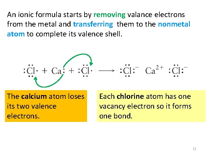 An ionic formula starts by removing valance electrons from the metal and transferring them