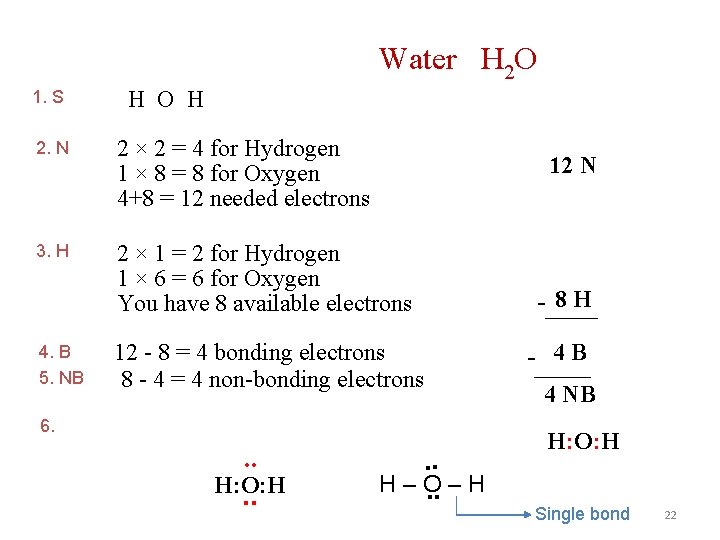 Water H 2 O 1. S H O H 2. N 2 × 2