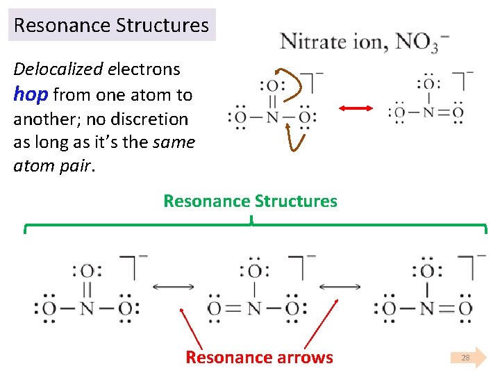 Resonance Structures Delocalized electrons hop from one atom to another; no discretion as long