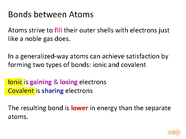 Bonds between Atoms strive to fill their outer shells with electrons just like a Bonds between Atoms strive to fill their outer shells with electrons just like a