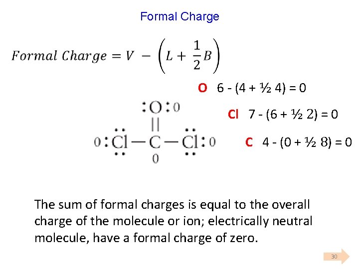 Formal Charge O 6 (4 + ½ 4) = 0 Cl 7 (6 +