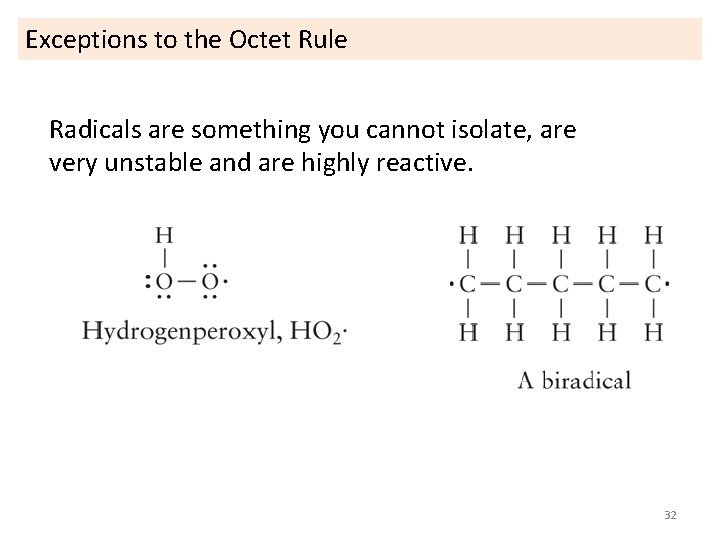 Exceptions to the Octet Rule Radicals are something you cannot isolate, are very unstable Exceptions to the Octet Rule Radicals are something you cannot isolate, are very unstable