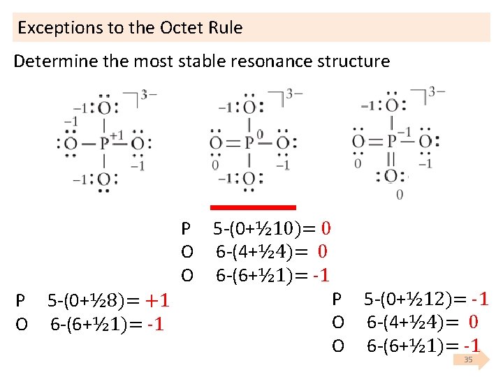 Exceptions to the Octet Rule Determine the most stable resonance structure P 5 (0+½ Exceptions to the Octet Rule Determine the most stable resonance structure P 5 (0+½