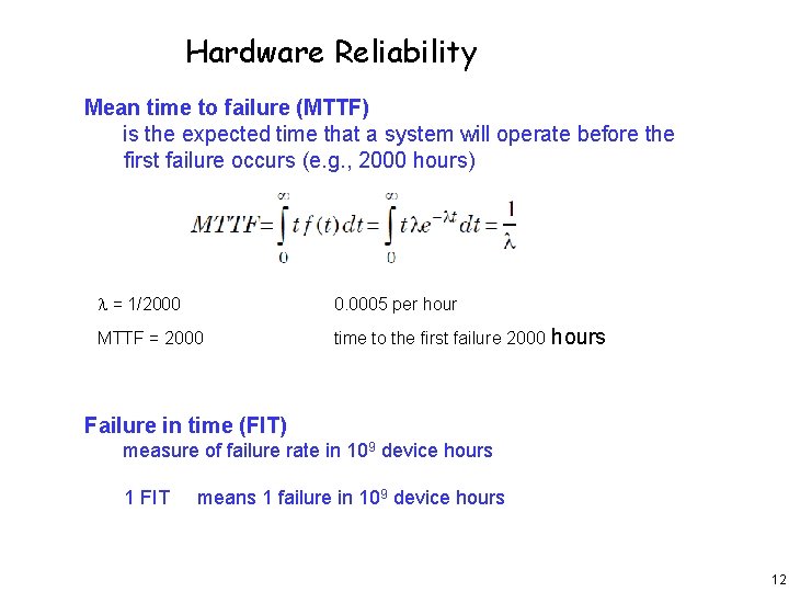 Hardware Reliability Mean time to failure (MTTF) is the expected time that a system