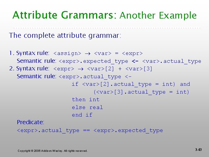 Attribute Grammars: Another Example The complete attribute grammar: 1. Syntax rule: <assign> <var> =