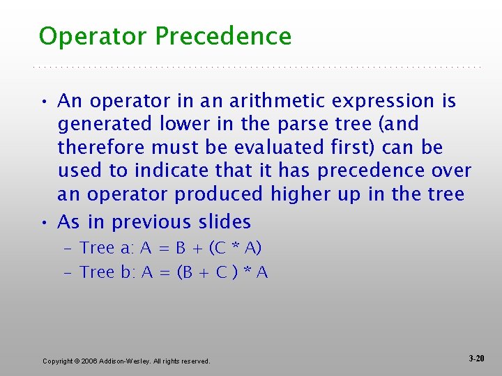 Operator Precedence • An operator in an arithmetic expression is generated lower in the