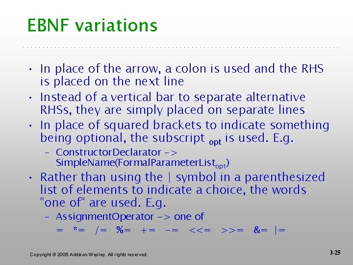 EBNF variations • In place of the arrow, a colon is used and the
