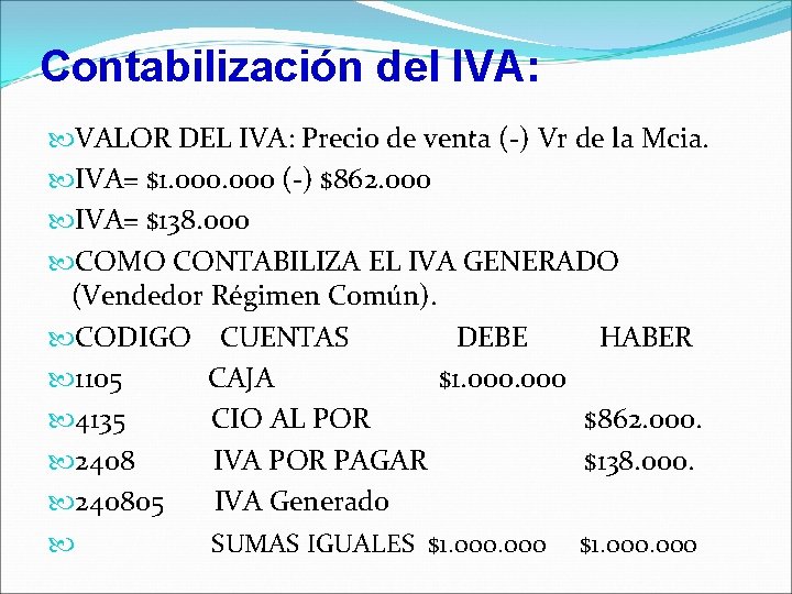 Contabilización del IVA: VALOR DEL IVA: Precio de venta (-) Vr de la Mcia.
