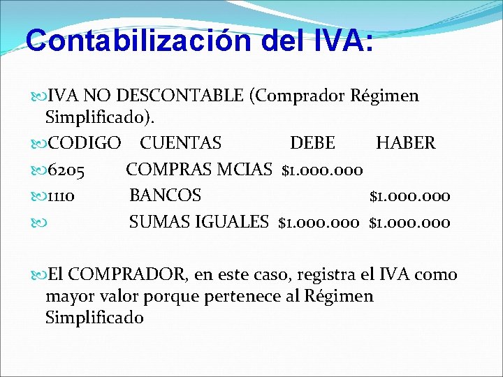 Contabilización del IVA: IVA NO DESCONTABLE (Comprador Régimen Simplificado). CODIGO CUENTAS DEBE HABER 6205