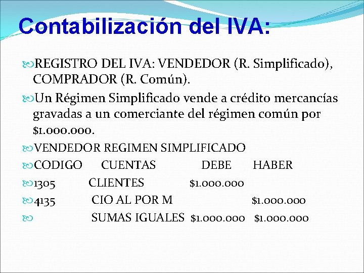 Contabilización del IVA: REGISTRO DEL IVA: VENDEDOR (R. Simplificado), COMPRADOR (R. Común). Un Régimen
